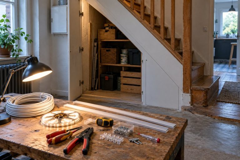 Sous l’escalier, la lumière change tout le rangement